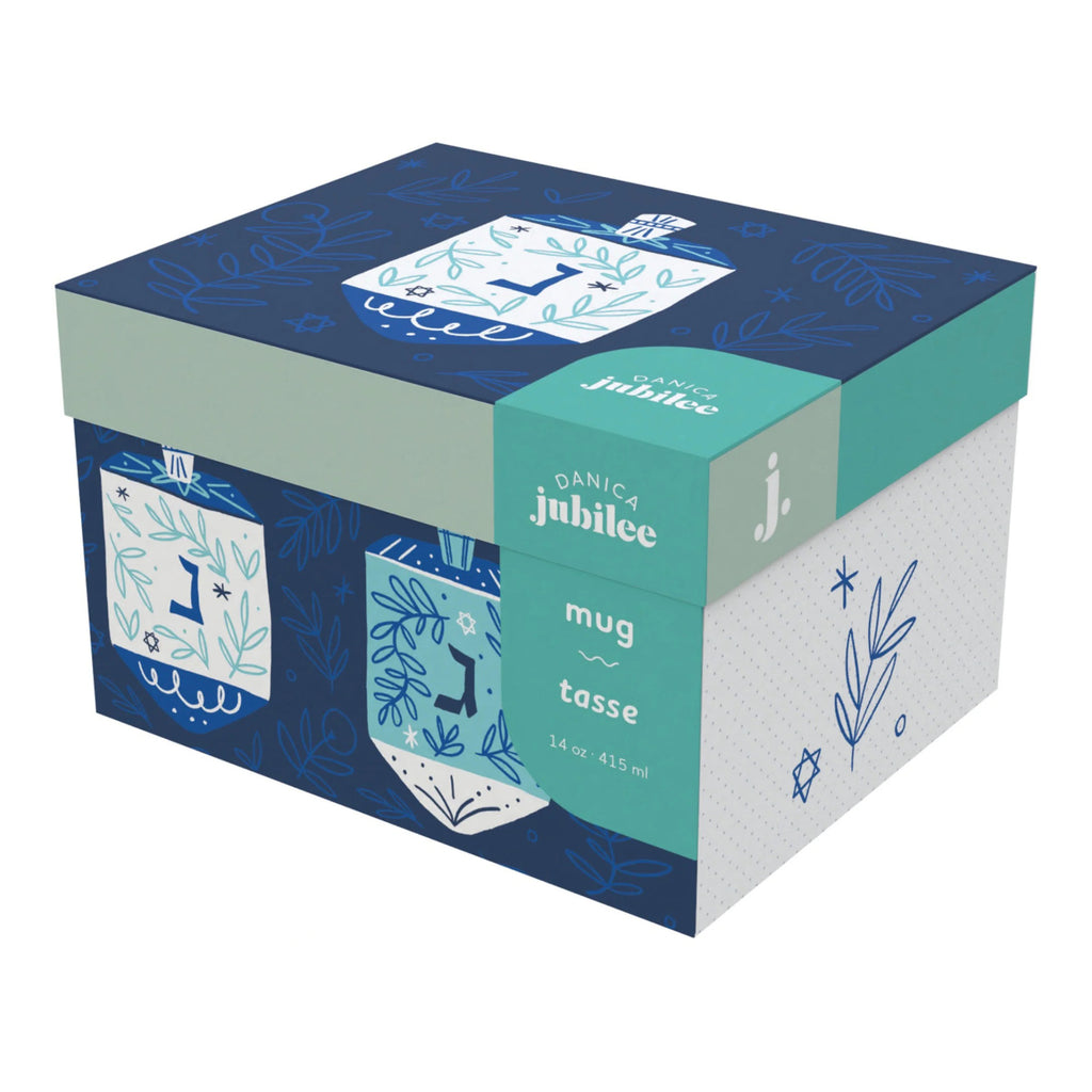 Dreidels Hanukkah Mug in a Box packaging.