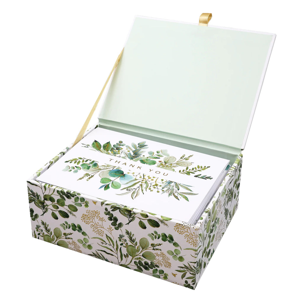 Eucalyptus Premium Thank You Note Cards open box.