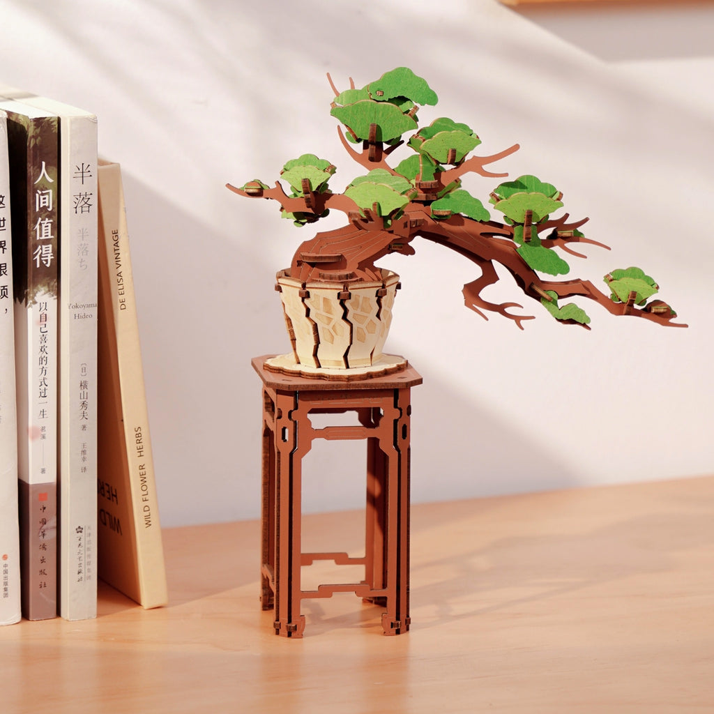 Evergreen Pine Bonsai Modern Wooden Puzzle on table.