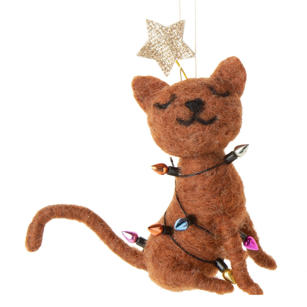 Felt Christmas Cat Ornament brown.