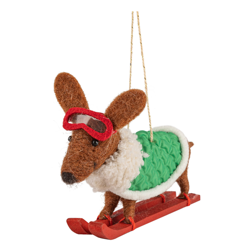 Felt Dachshund On Skis Ornament.