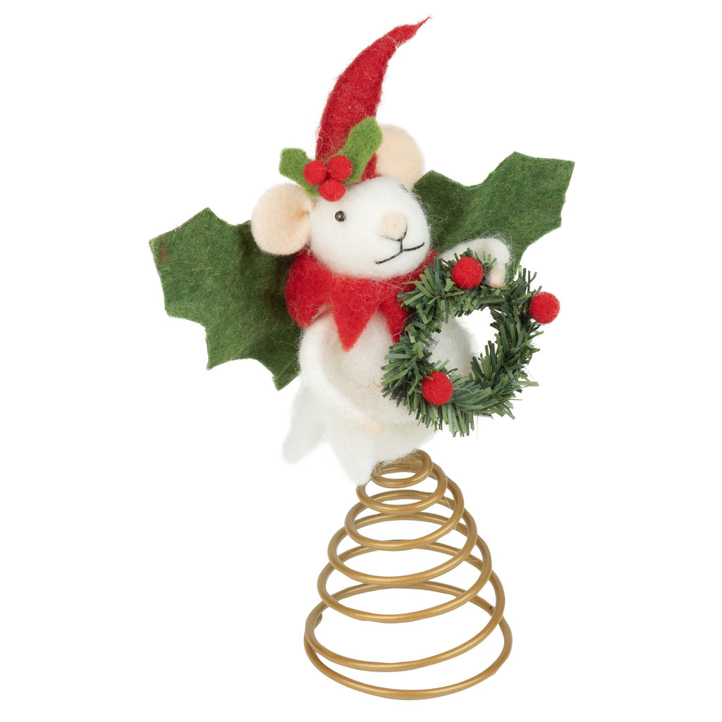 Felt Mouse With Holly Wings Tree Topper.