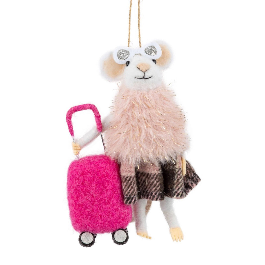 Felt Mouse With Pink Suitcase Ornament.