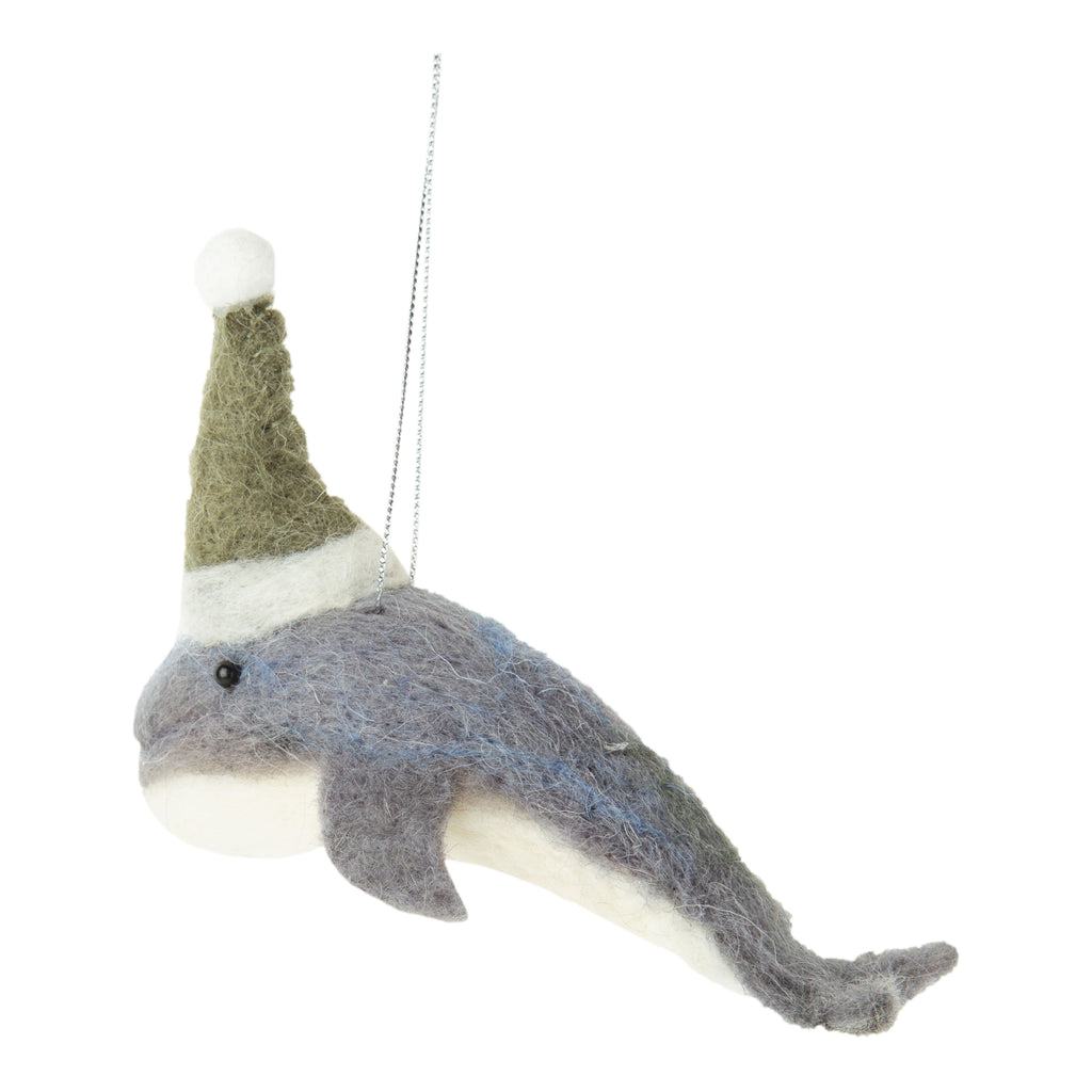 Felt Orca Whale With Christmas Hat Ornament.