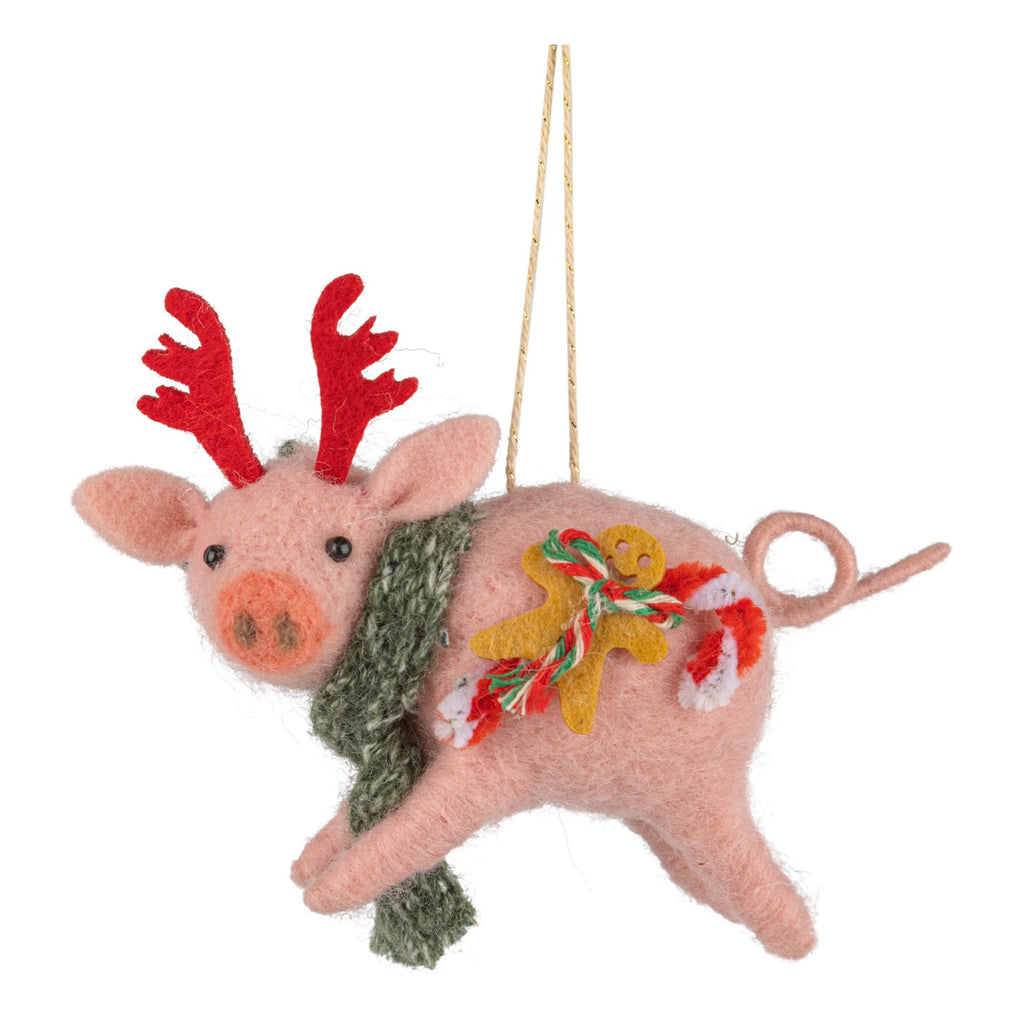 Felt Pig With Antlers Ornament.