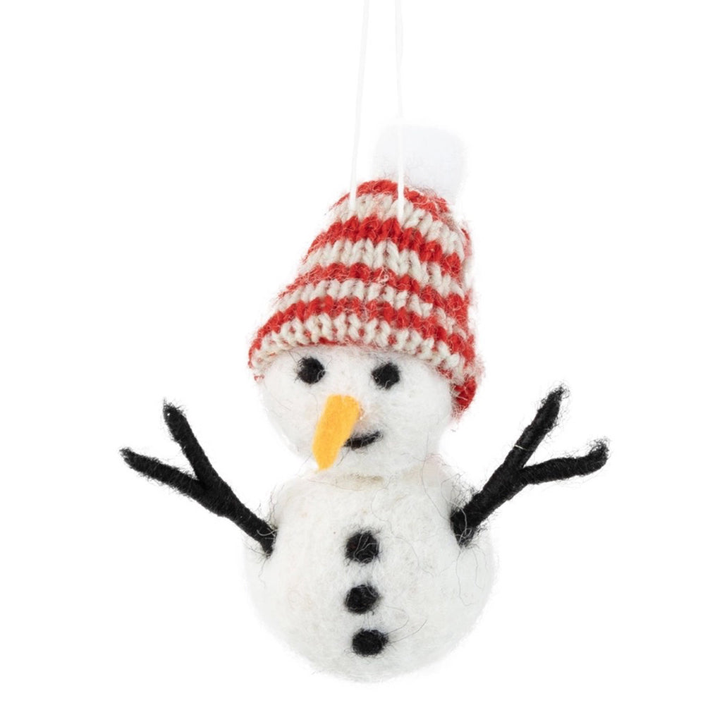 Felt Snowman In Hat Ornament - striped hat.