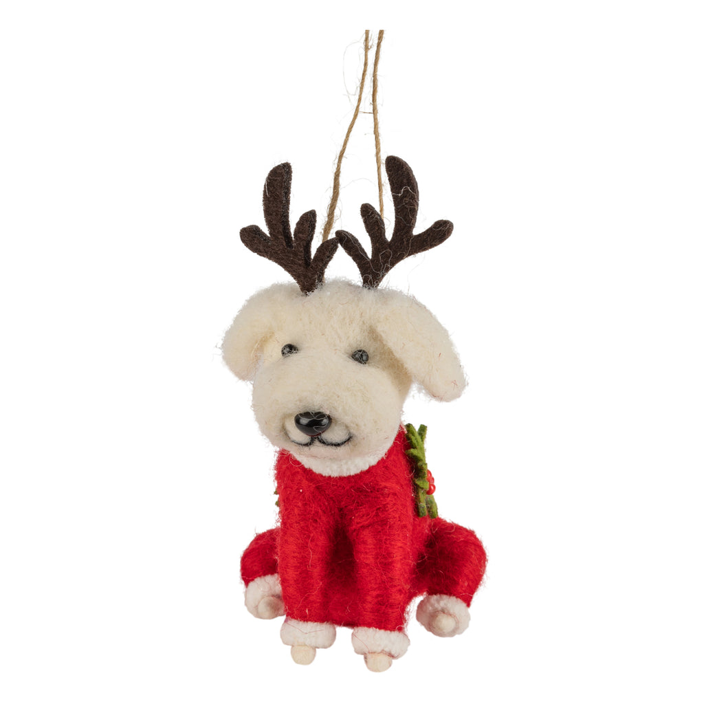 Felt White Puppy With Antlers Ornament.