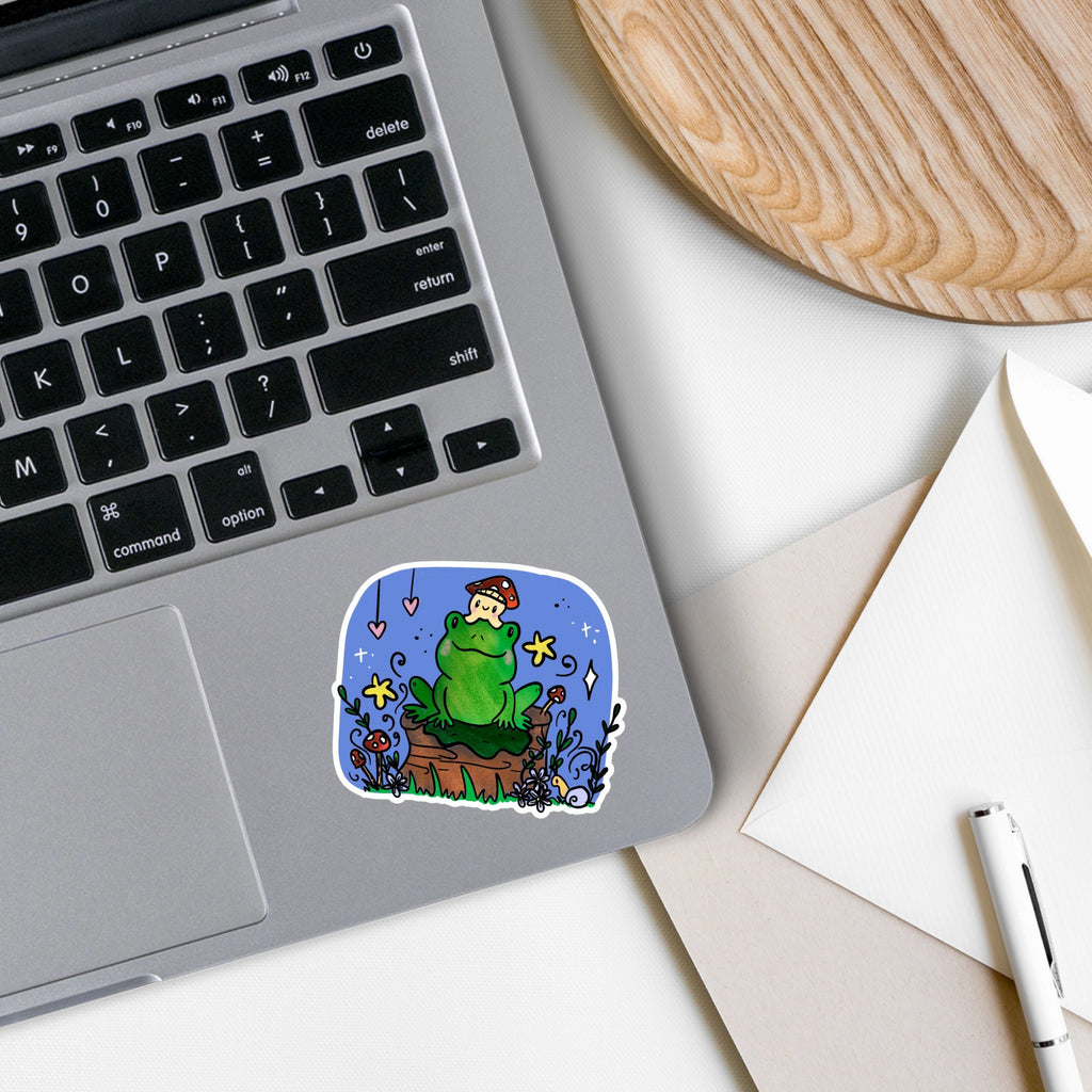 Frog With Mushroom Hat Sticker on computer.