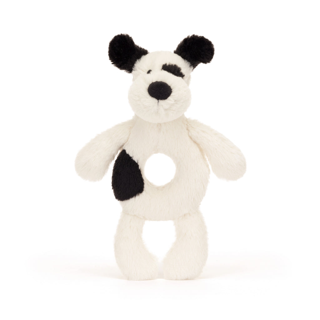 Front of Bashful Black and Cream Puppy Ring Rattle.