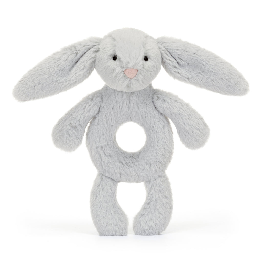Front of Bashful Grey Bunny Ring Rattle.
