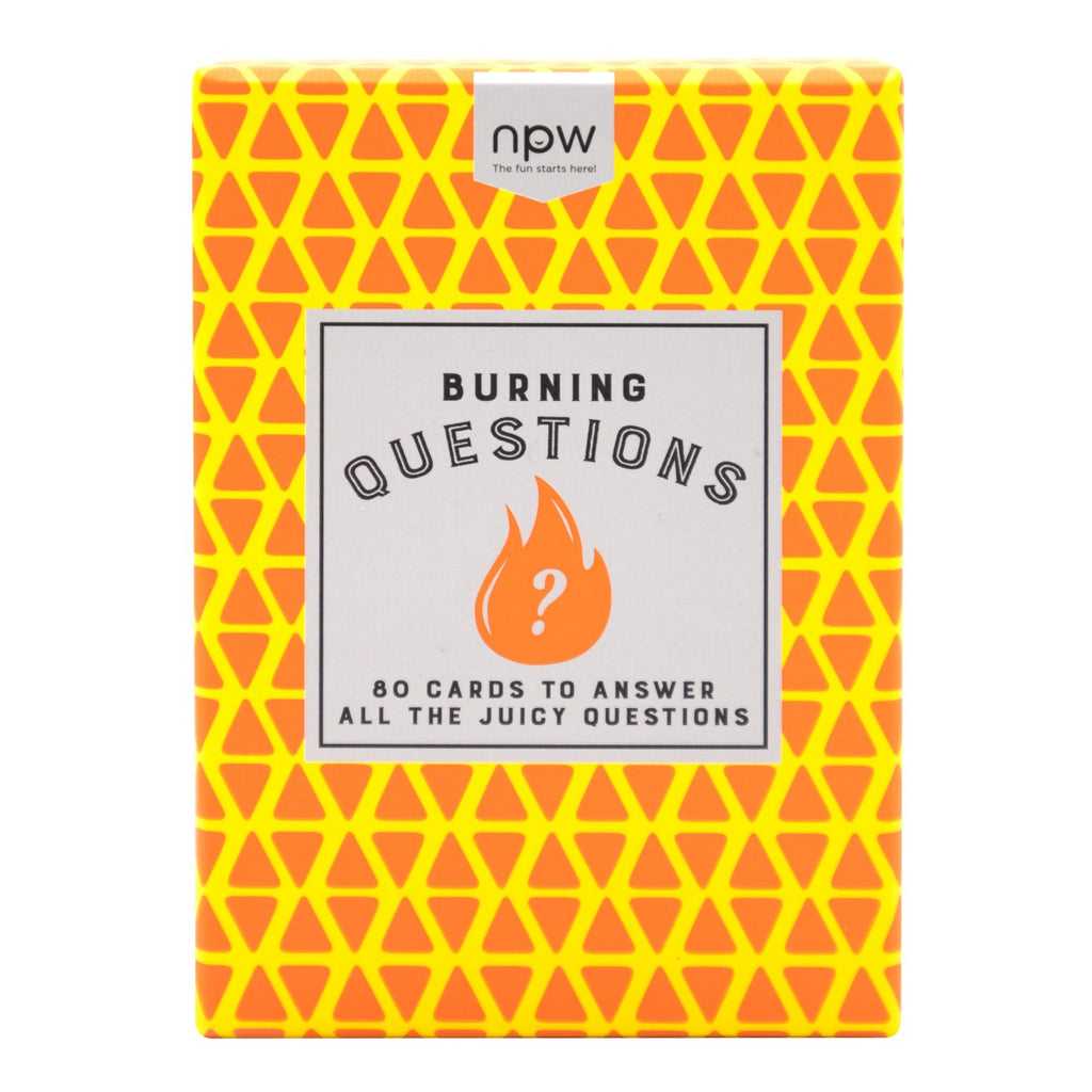 Front of Burning Questions Card Game.