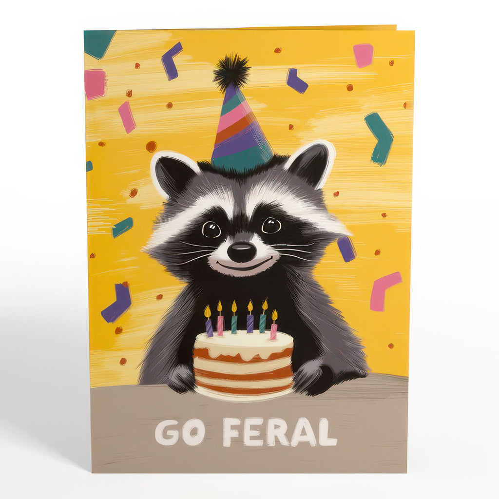 Front of Go Feral Raccoon Birthday Pop-Up Card.