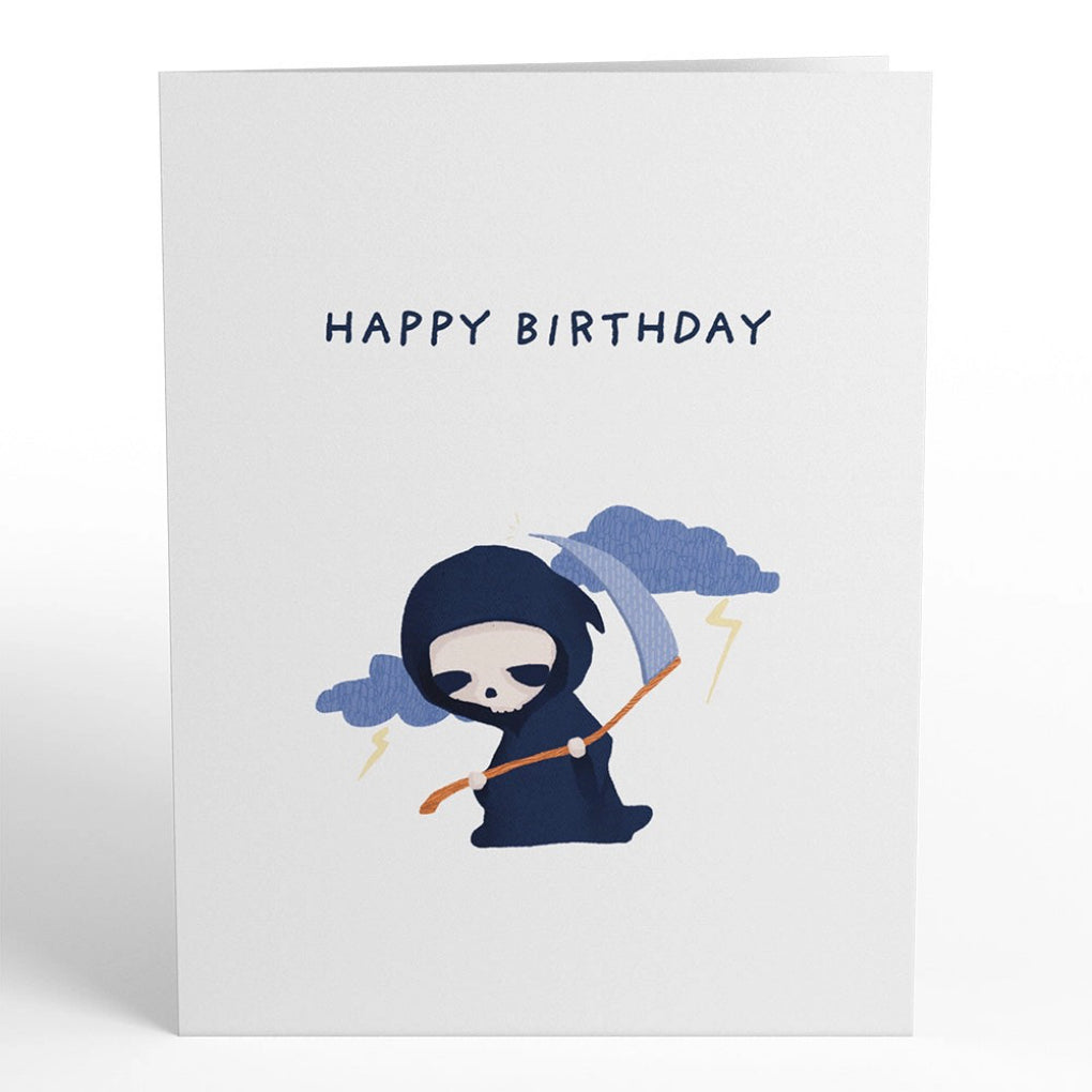 Front of Happy Birthday Grim Reaper PopPals Card.