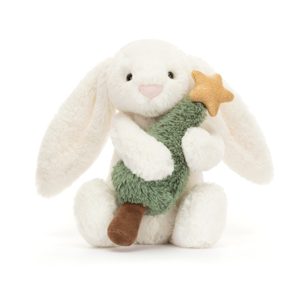 Front of Jellycat Bashful Bunny with Christmas Tree.