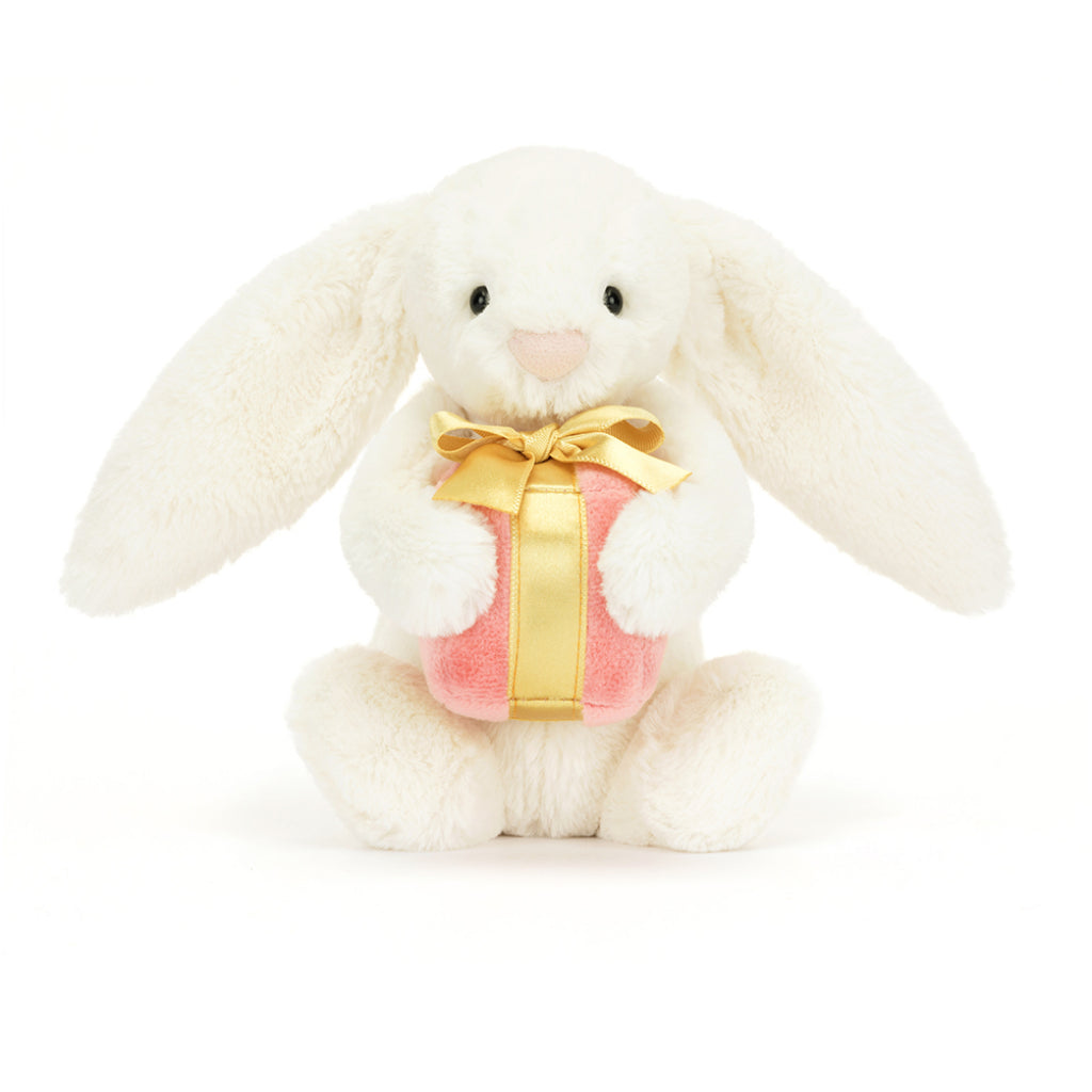 Front of Jellycat Bashful Bunny with Present Little.