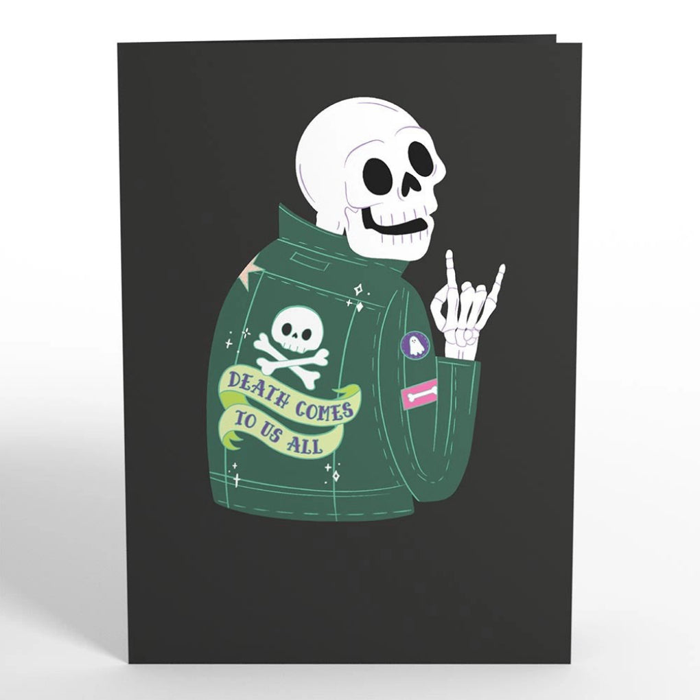 Front of Relax and Skele-brate Skeleton Birthday Pop-Up Card.