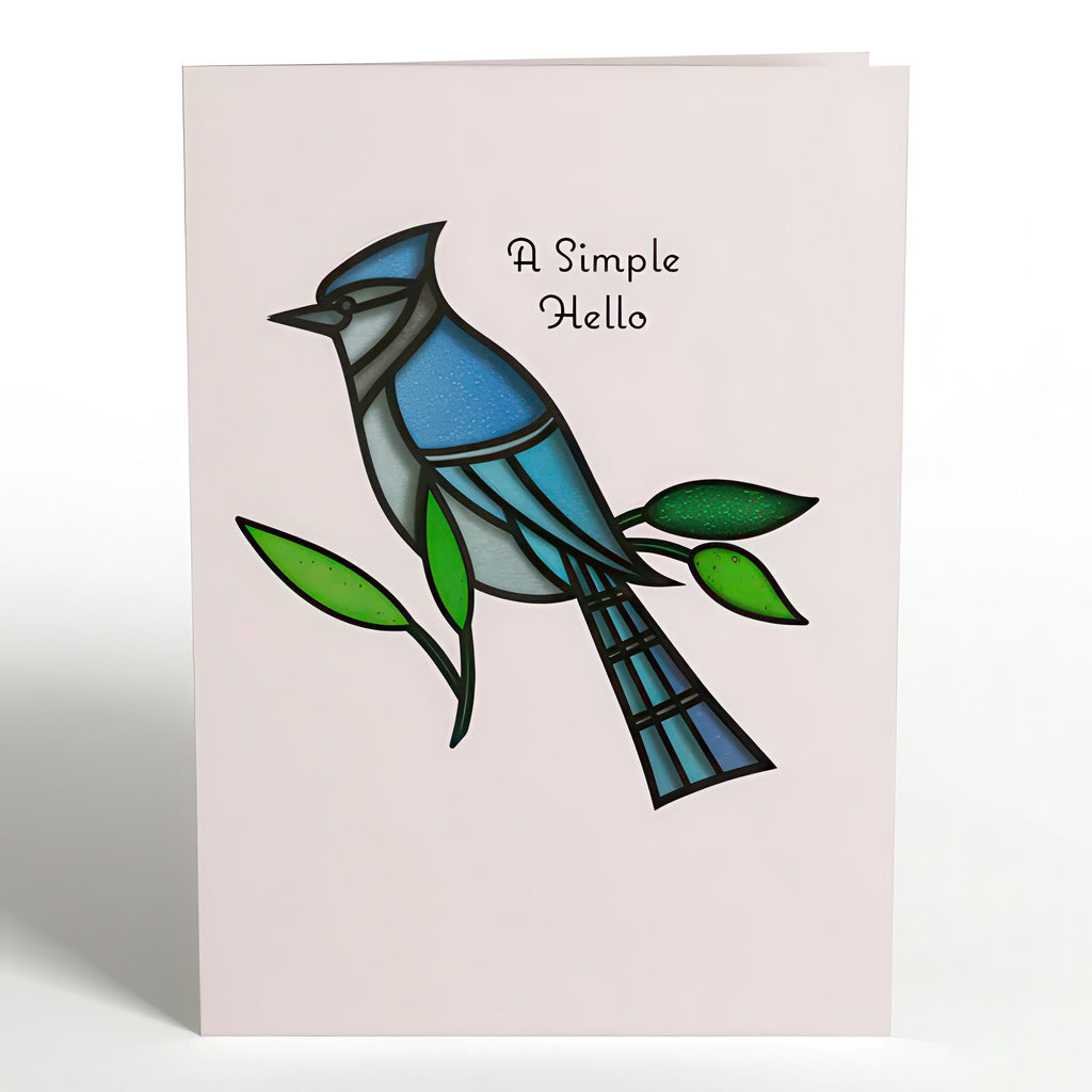 Front of Simple Hello Blue Jay Suncatcher Card.