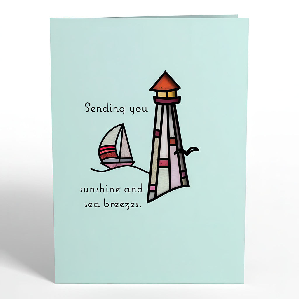 Front of Sunshine And Sea Breezes Lighthouse Suncatcher Card.