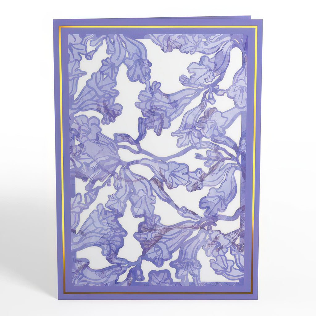 Front of Watercolor Jacaranda Tree Pop-Up Card.