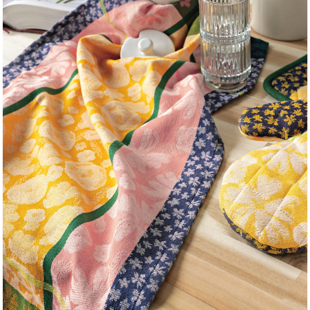 Full Bloom Jacquard Dishtowel on table.