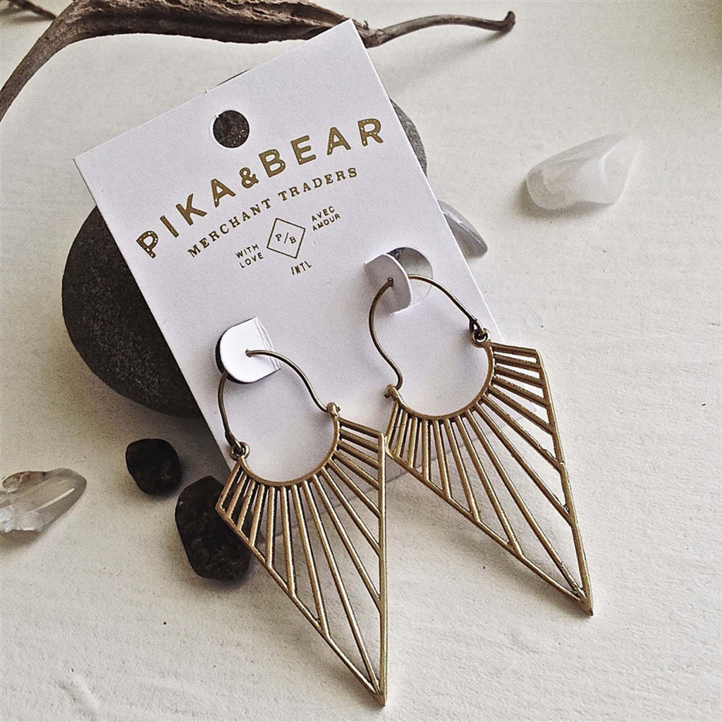 Geometric Ray Drop Statement Earrings Brass packaging.