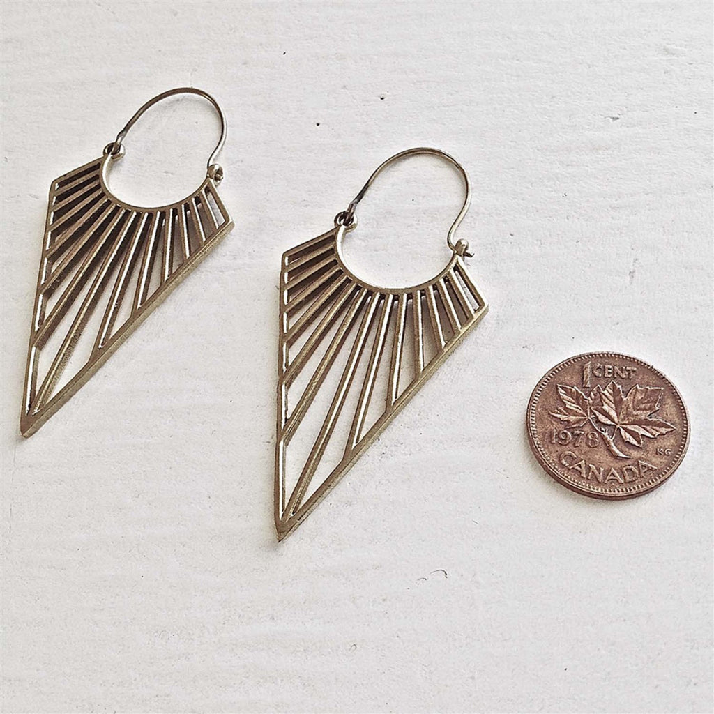Geometric Ray Drop Statement Earrings Brass with penny.
