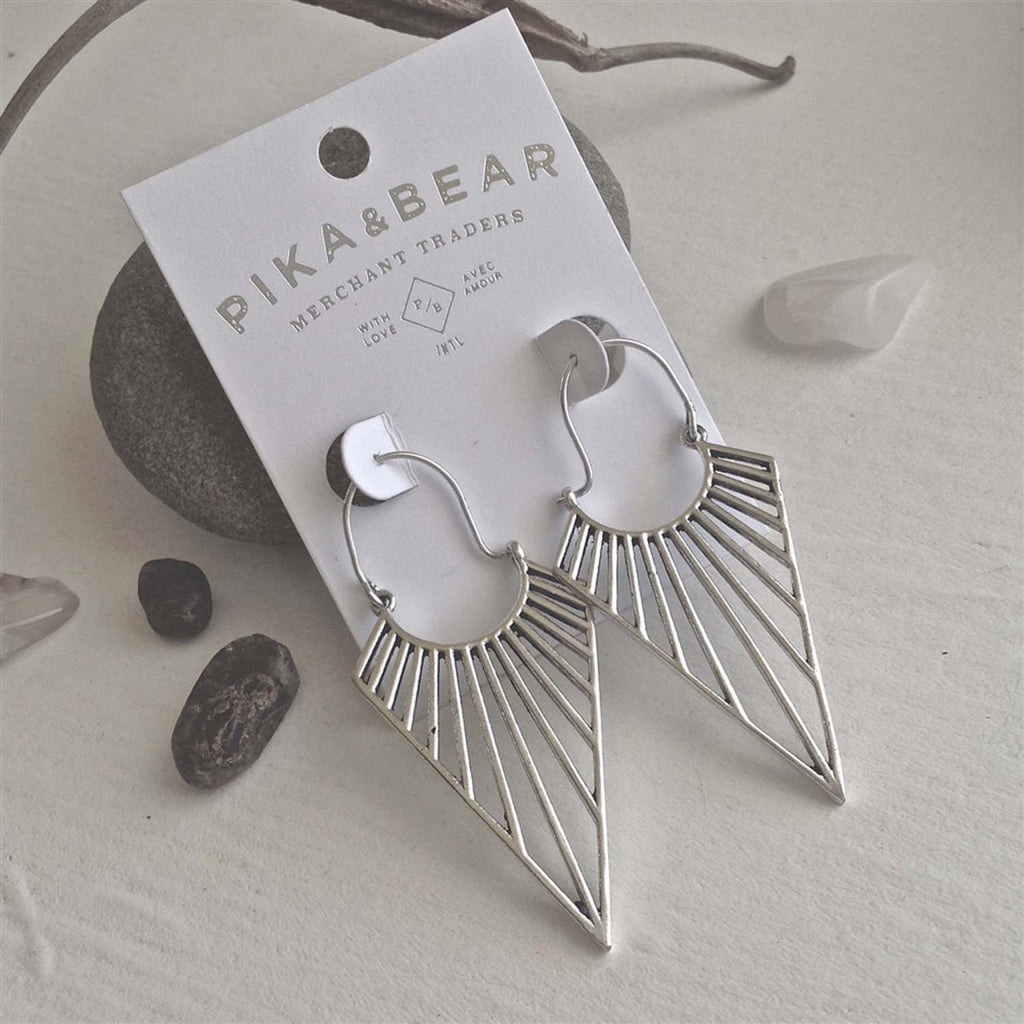 Geometric Ray Drop Statement Earrings Silver packaging.