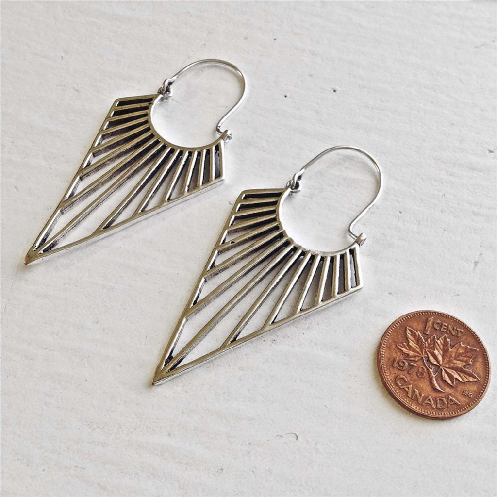 Geometric Ray Drop Statement Earrings Silver with penny.