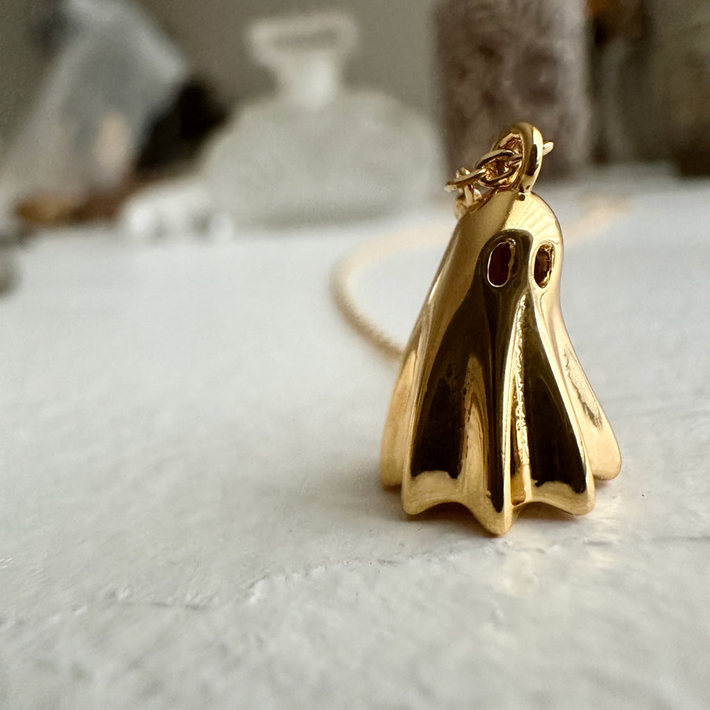 Ghost Charm Necklace Gold side view.