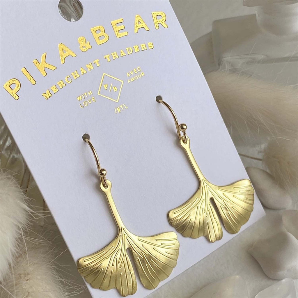 Ginkgo Leaf Drop Earrings Brass packaging.