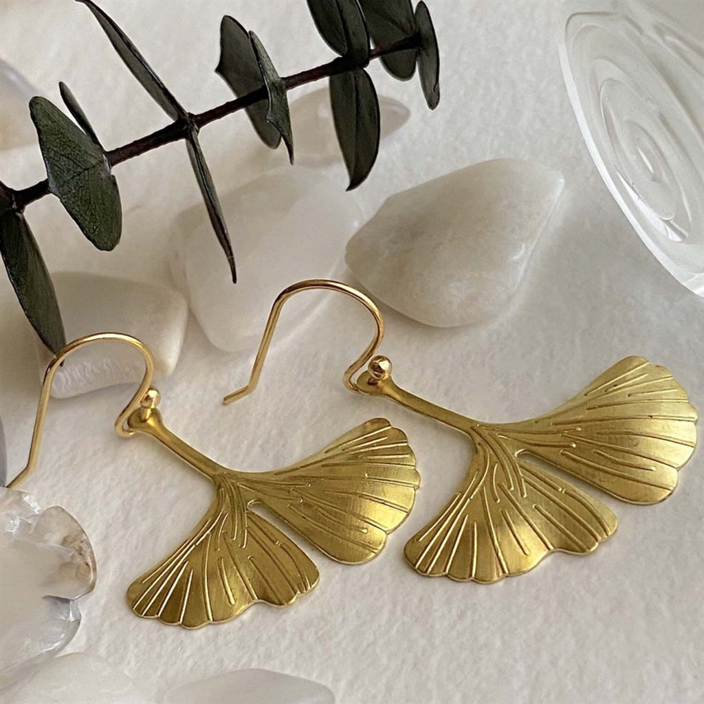Ginkgo Leaf Drop Earrings Brass.