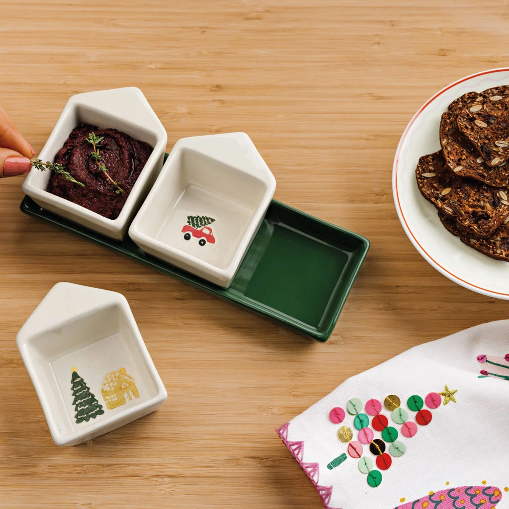 Glitzmas Christmas Dipping Dish With Tray Set on table.