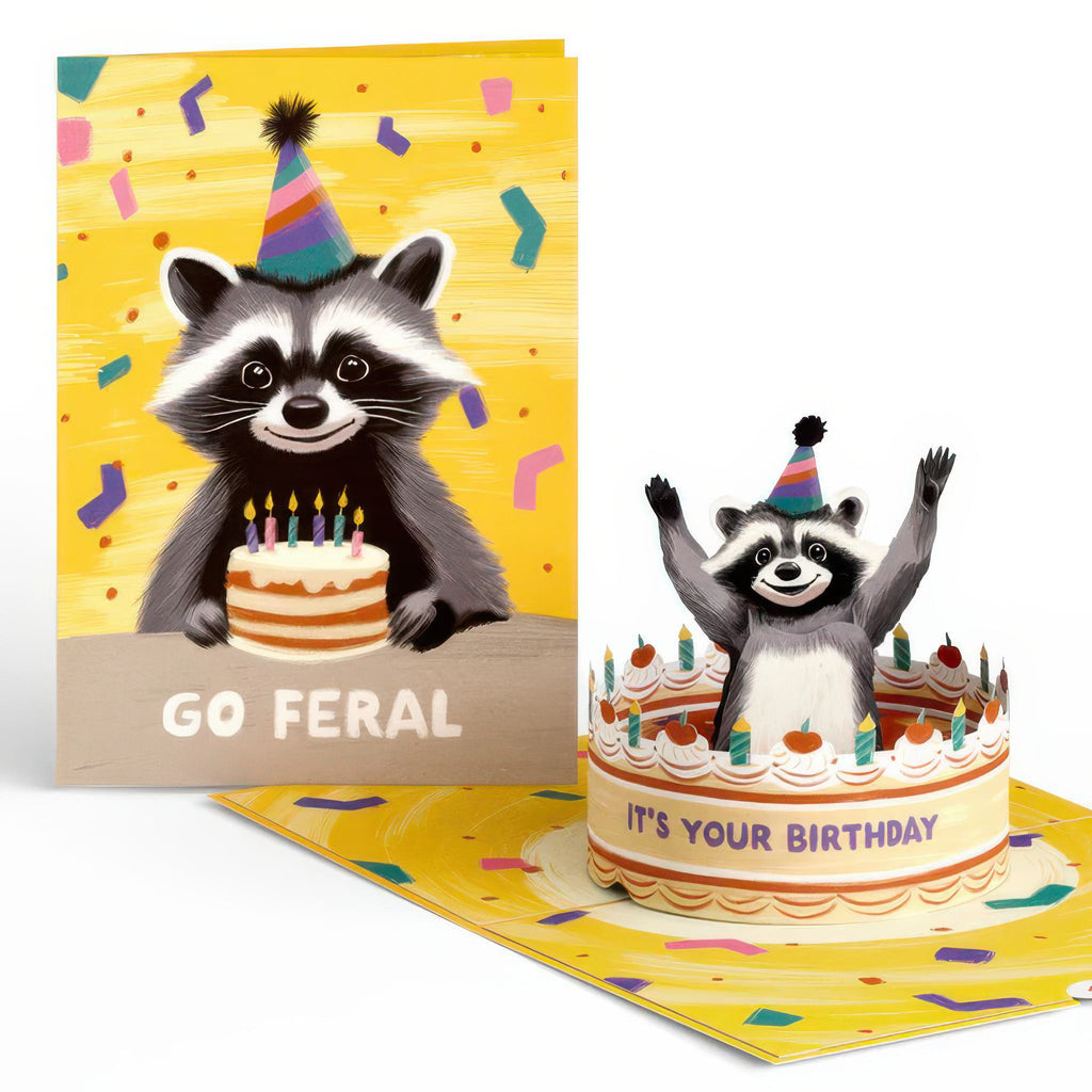 Go Feral Raccoon Birthday Pop-Up Card opened and closed.