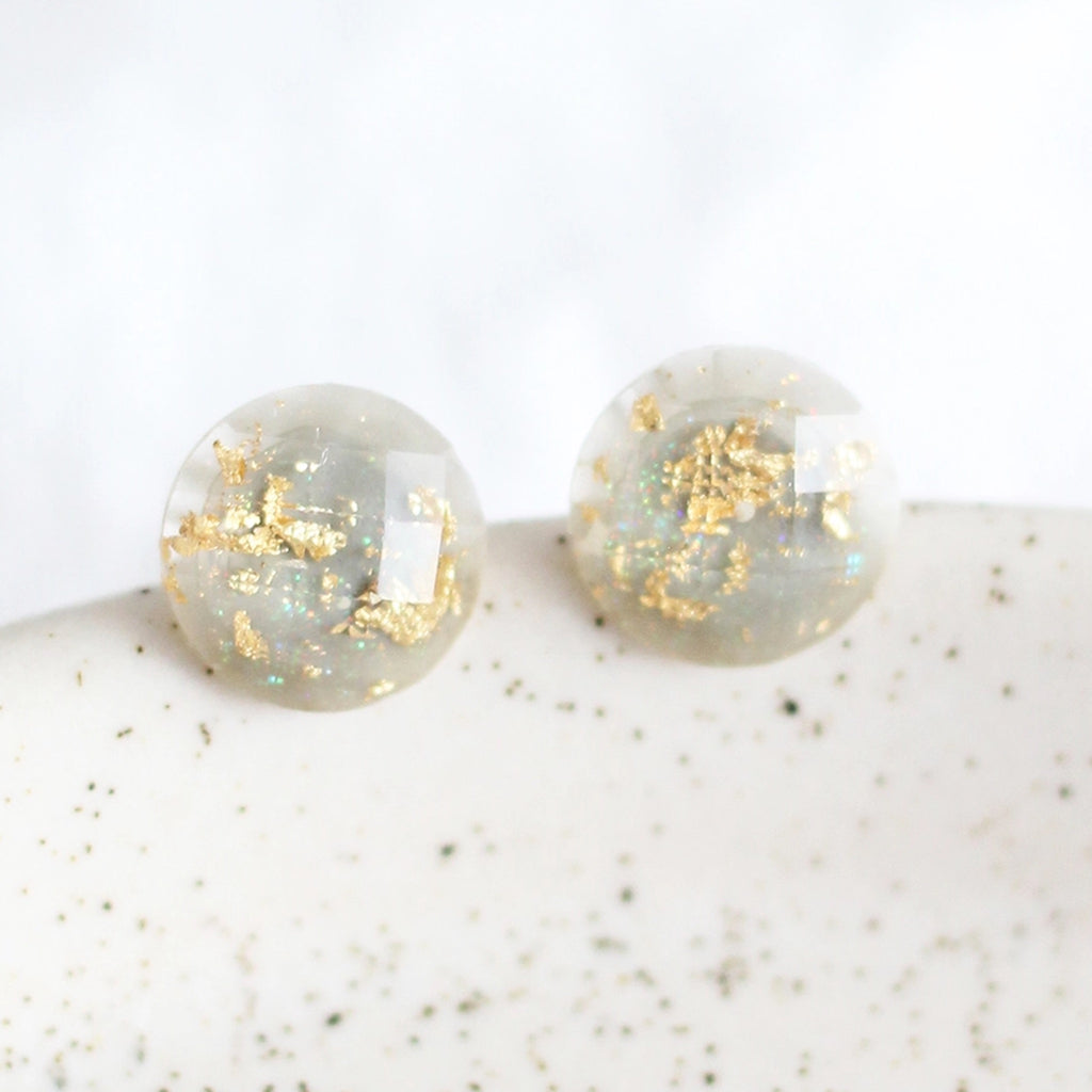 Gold Flake Disc Earrings Grey.