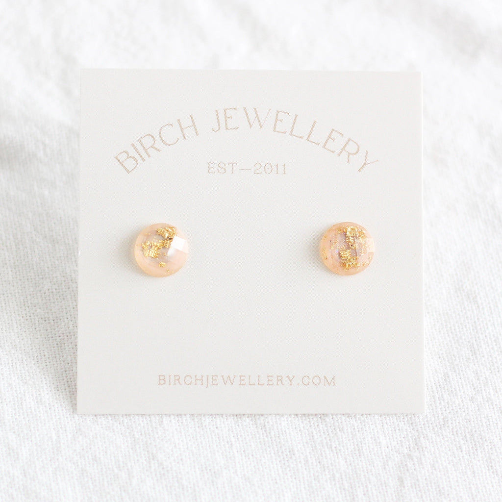 Gold Flake Disc Earrings Pink packaging.