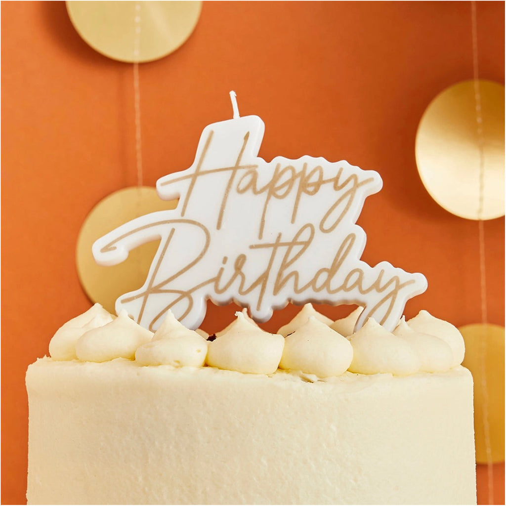 Gold On White Happy Birthday Candle on cake.