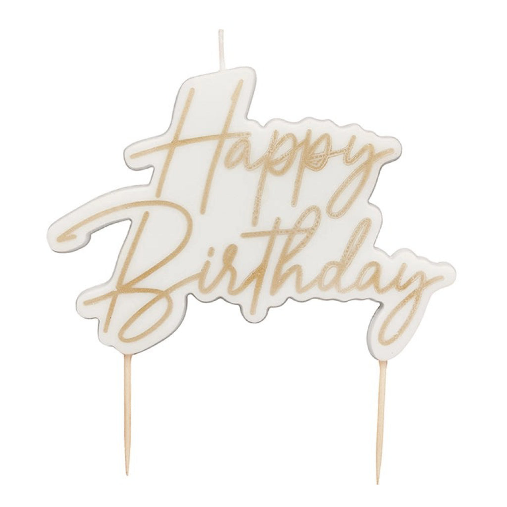 Gold On White Happy Birthday Candle.