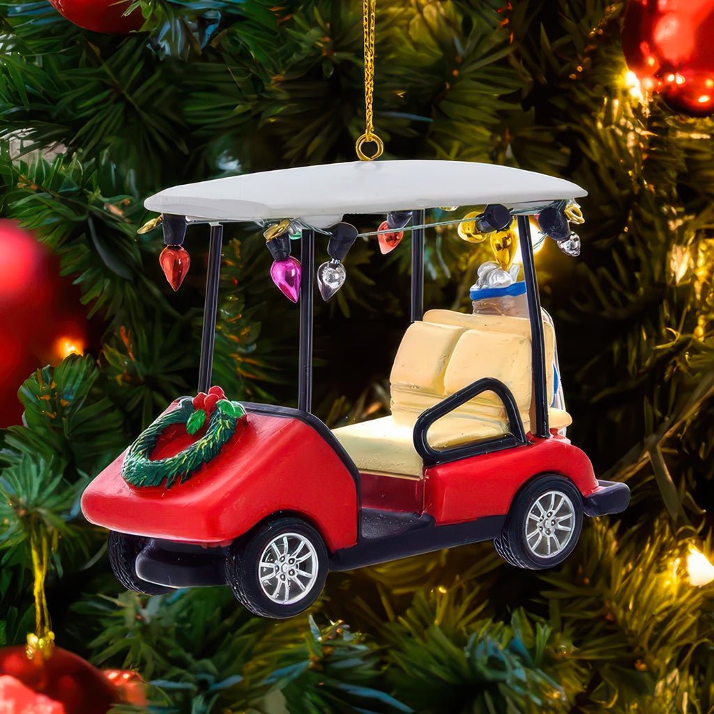 Golf Cart With Wreath Ornament in tree.