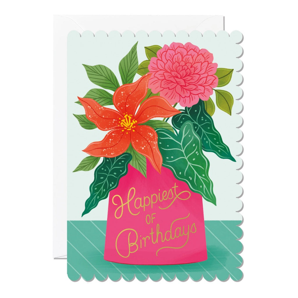 Happiest of Birthdays Vase Scalloped Card.