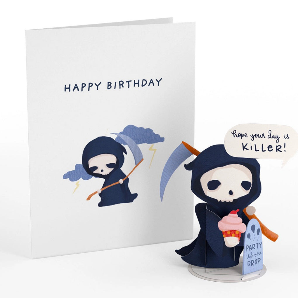Happy Birthday Grim Reaper PopPals Card front and assembled.