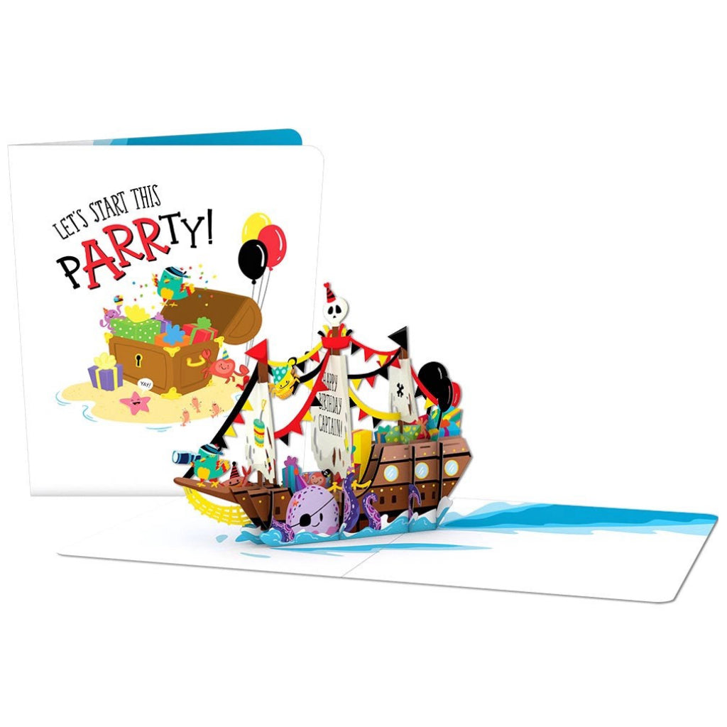 Happy Birthday Pirate Ship Playpop Card showing front and inside.