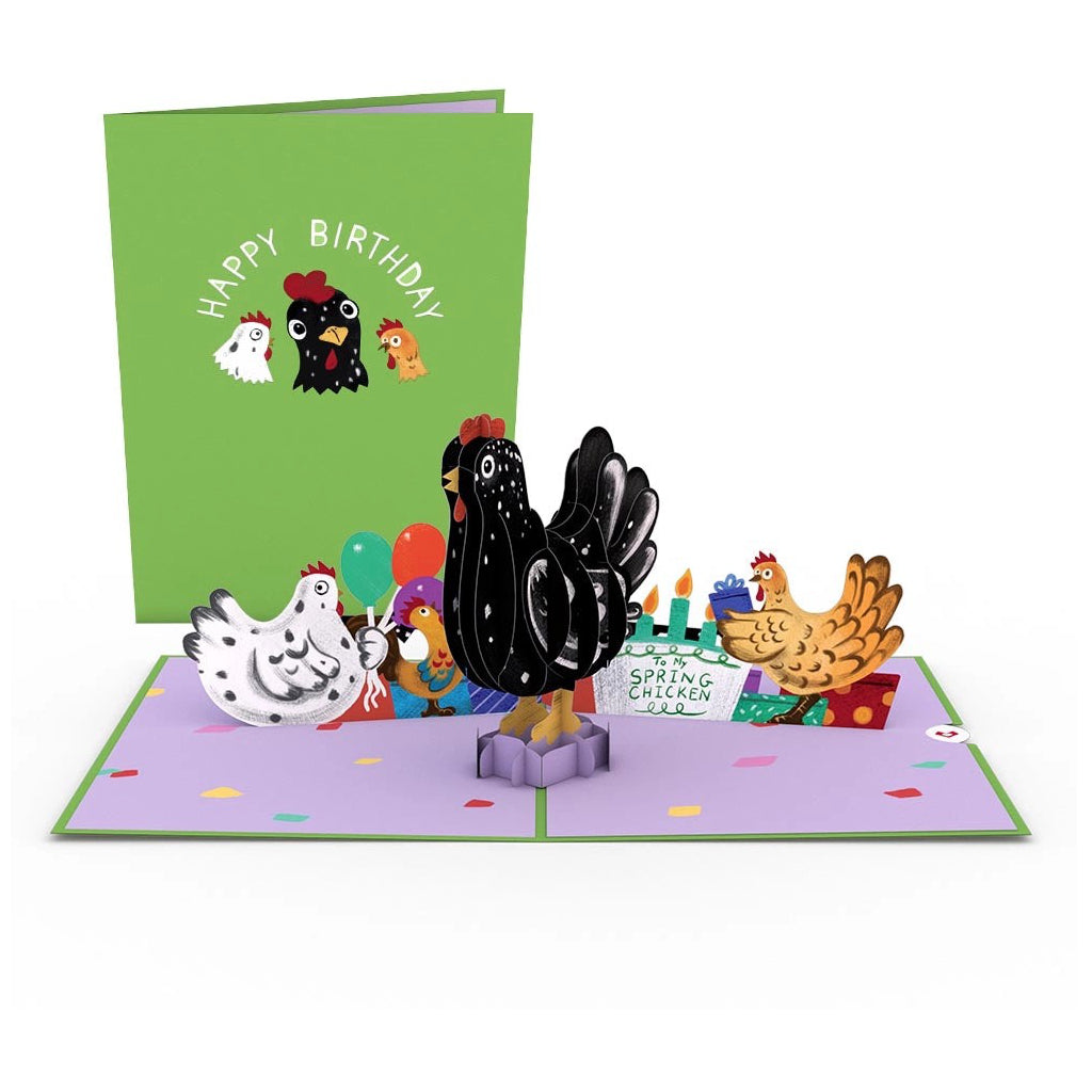 Happy Birthday To My Spring Chicken Pop-Up Card showing front and inside.