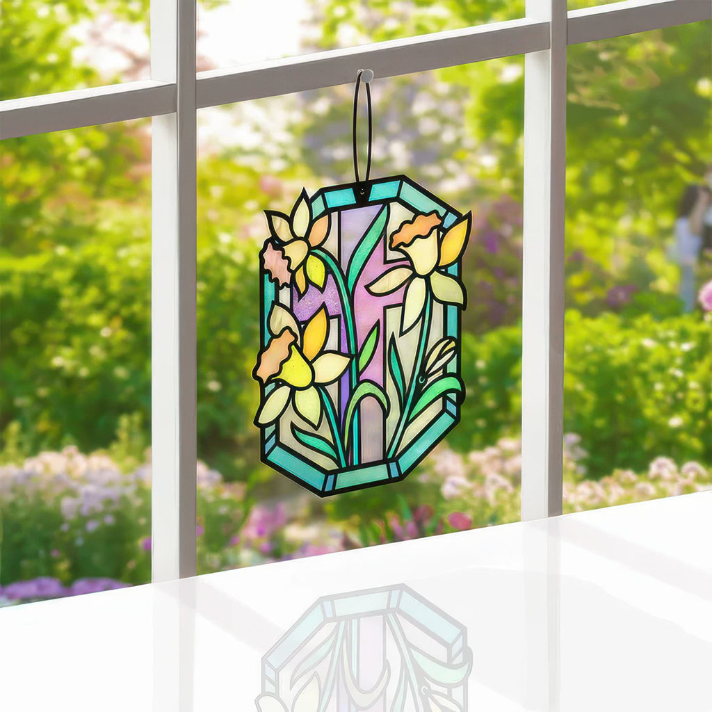 Happy Easter Daffodil Suncatcher Card in window.
