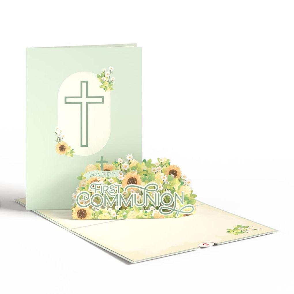 Happy First Communion Pop-Up Card front and open.