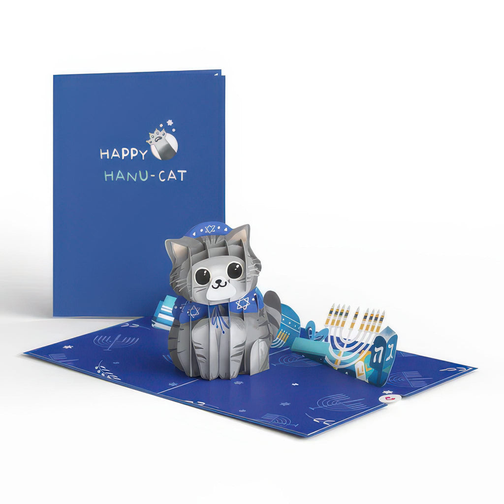 Happy Hanukkah Cat Pop-Up Card open and closed.