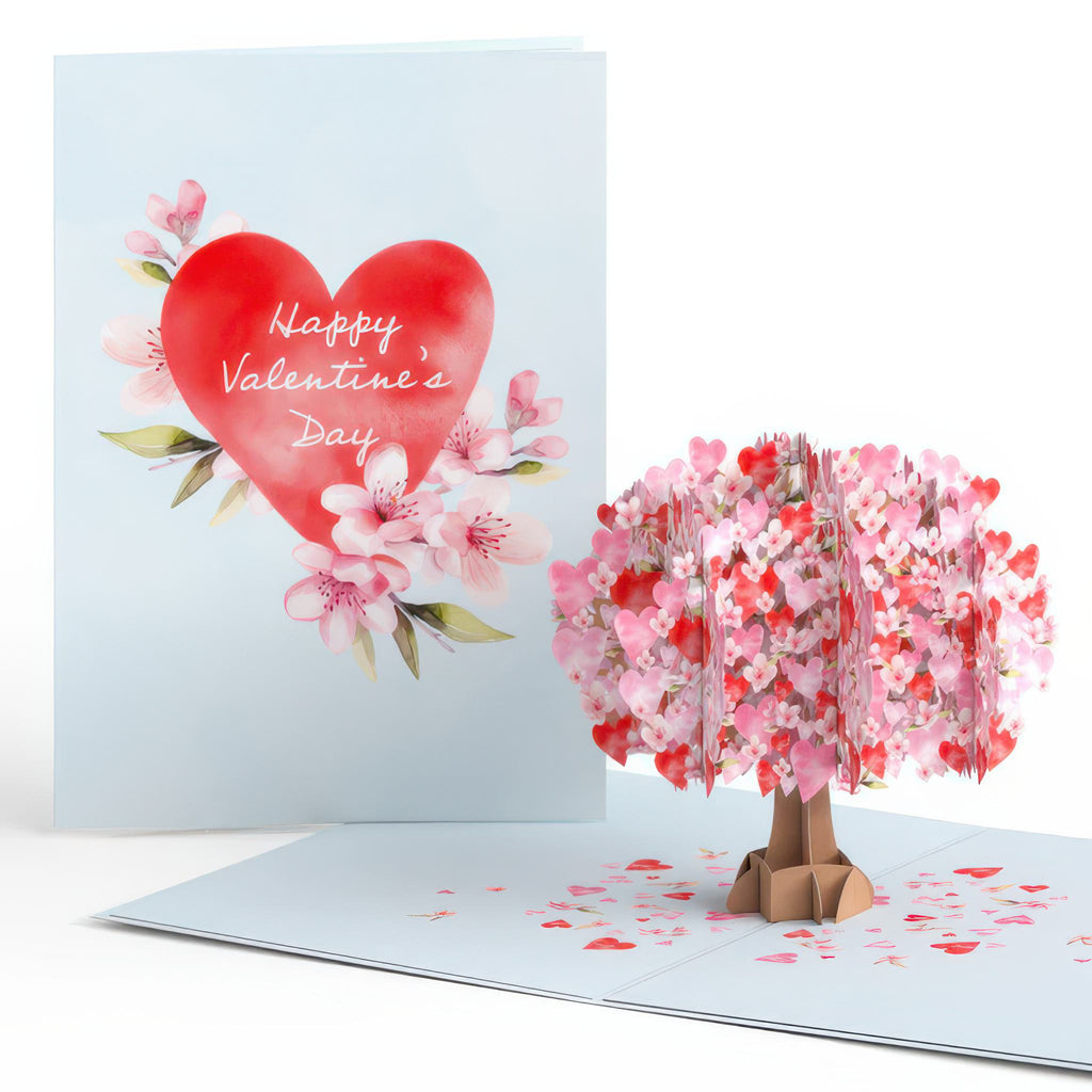 Happy Valentine's Day Cherry Blossom Tree Pop-Up Card opened and closed.