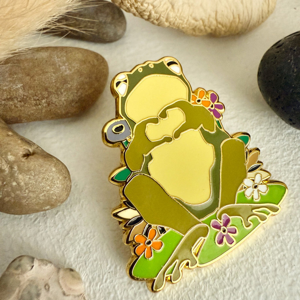 Heart Hands Frog Enamel Pin.