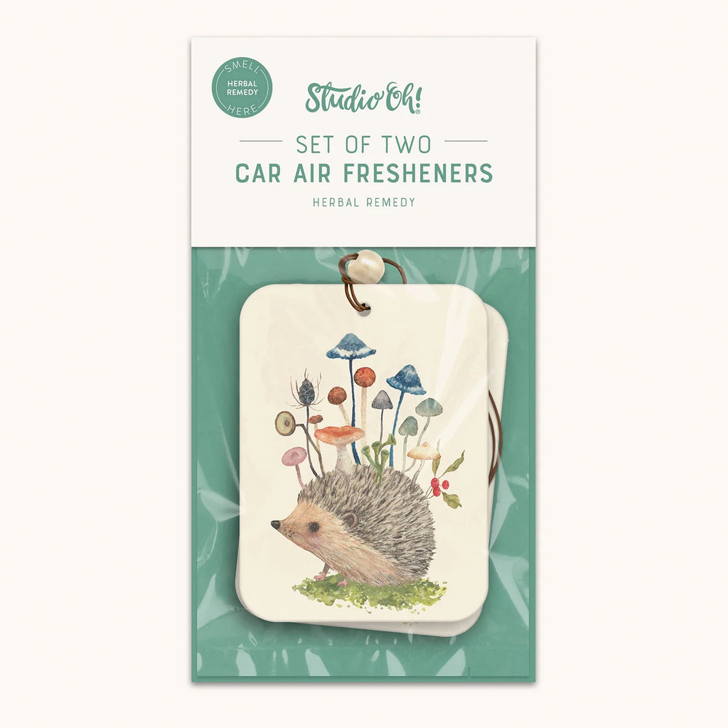Hedgehog With Mushrooms Car Air Freshener packaging.