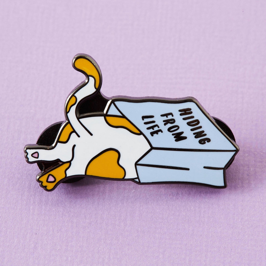 Hiding From Life Cat Enamel Pin.