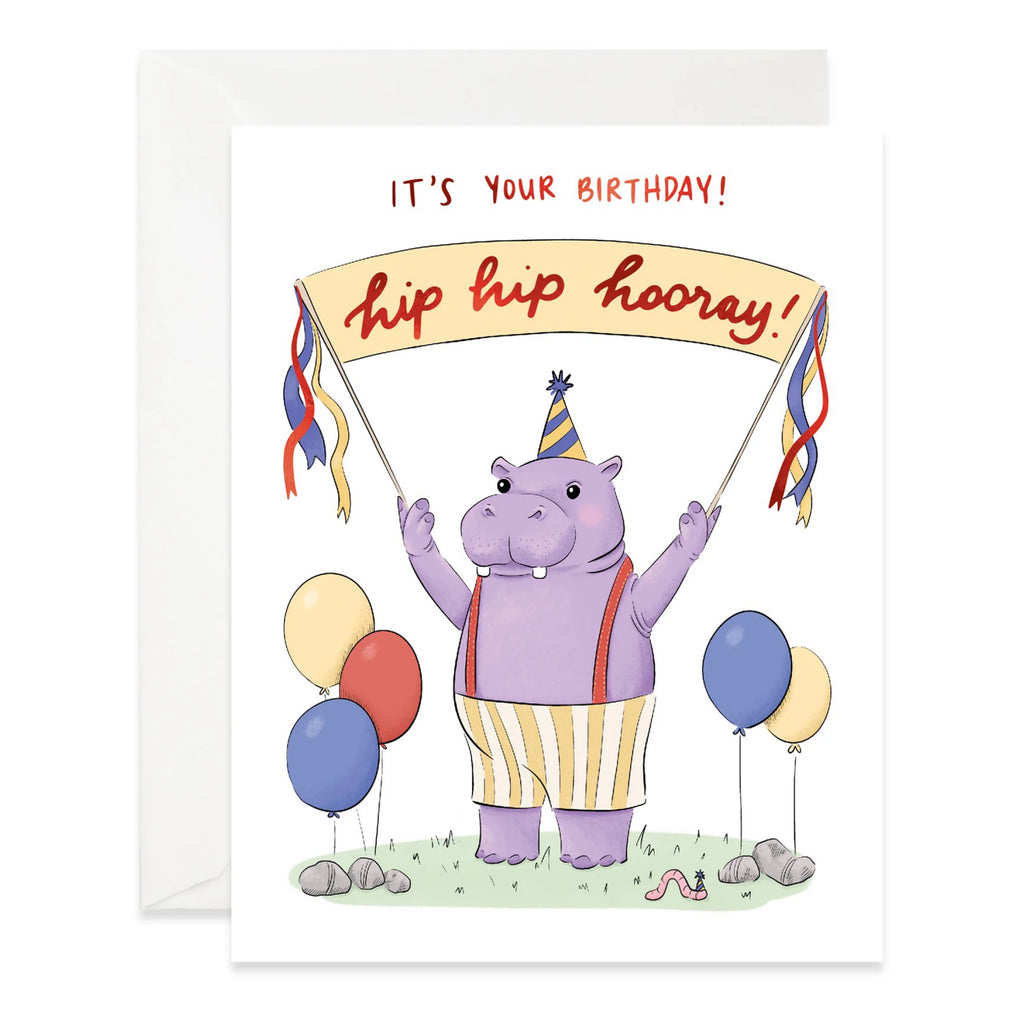 Hip Hip Hooray Hippo Birthday Card.